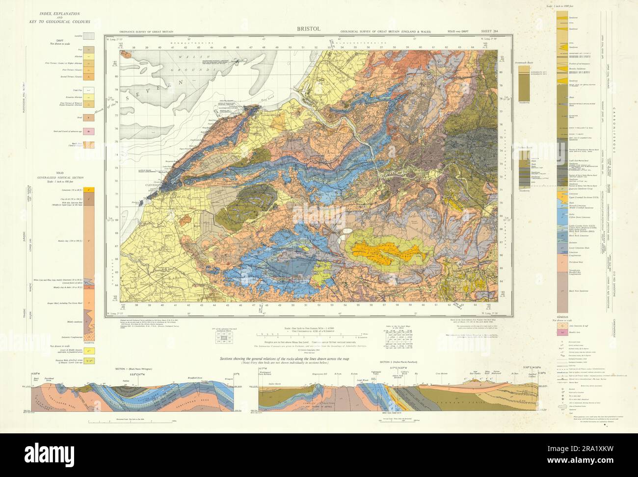 Bristol District geologisches Untersuchungsblatt Mendip Hills Cotswolds Bath 1963 Karte Stockfoto