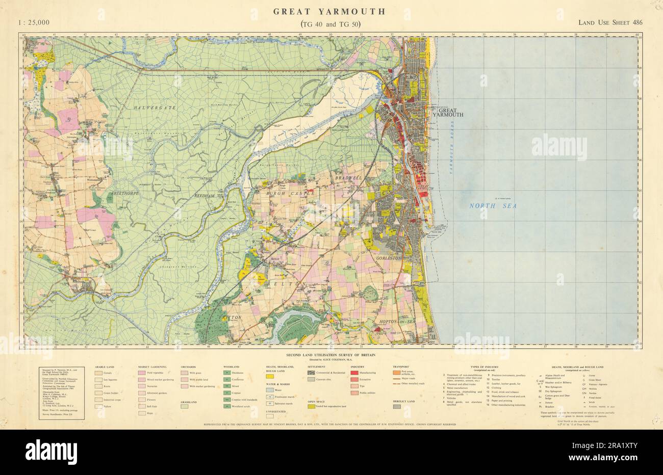 Great Yarmouth & Gorleston TG40 & TG50 Land Use Sheet 486. Karte des Flusses Yare 1962 Stockfoto