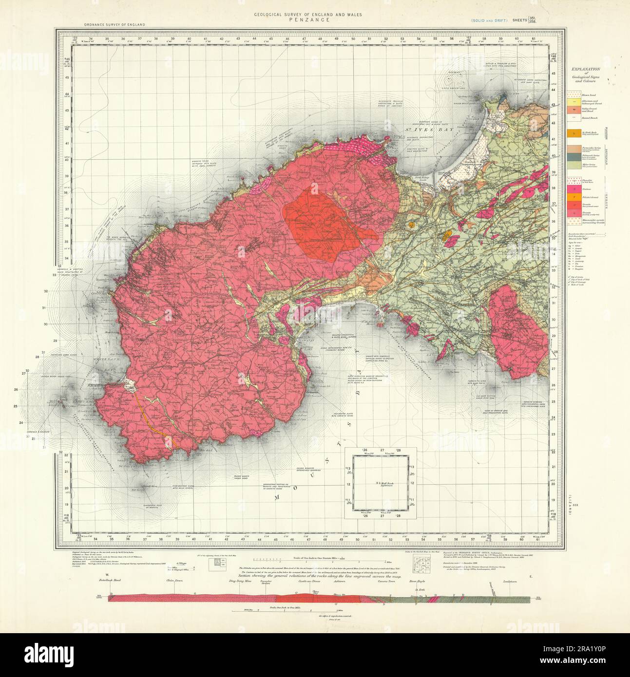 Penzance geologisches Untersuchungsblatt 351 & 358 Penwith Peninsula Landkarte Ende 1960 Stockfoto