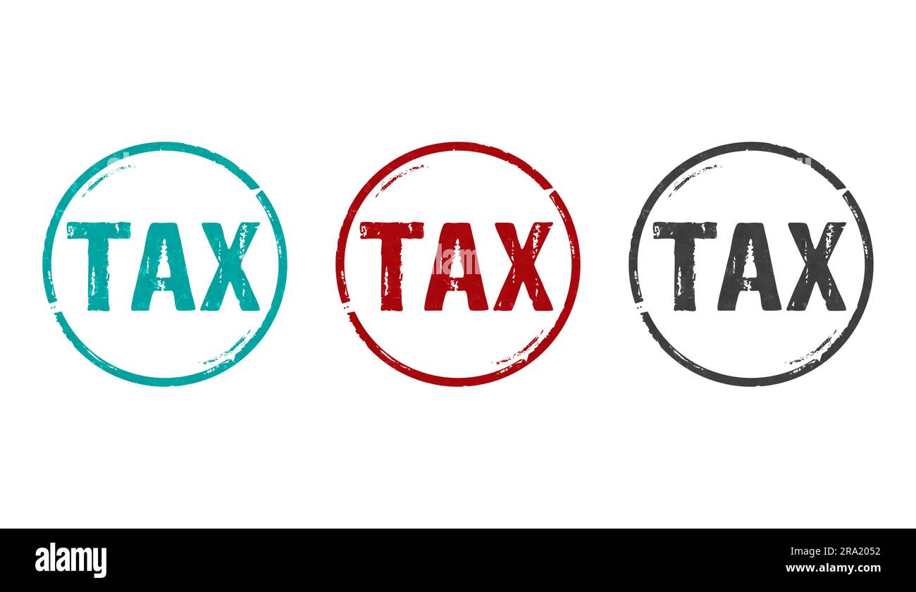 Steuerstempelsymbole in wenigen Farbversionen. Einkommensteuer- und Zahlungskonzept 3D zur Veranschaulichung. Stockfoto