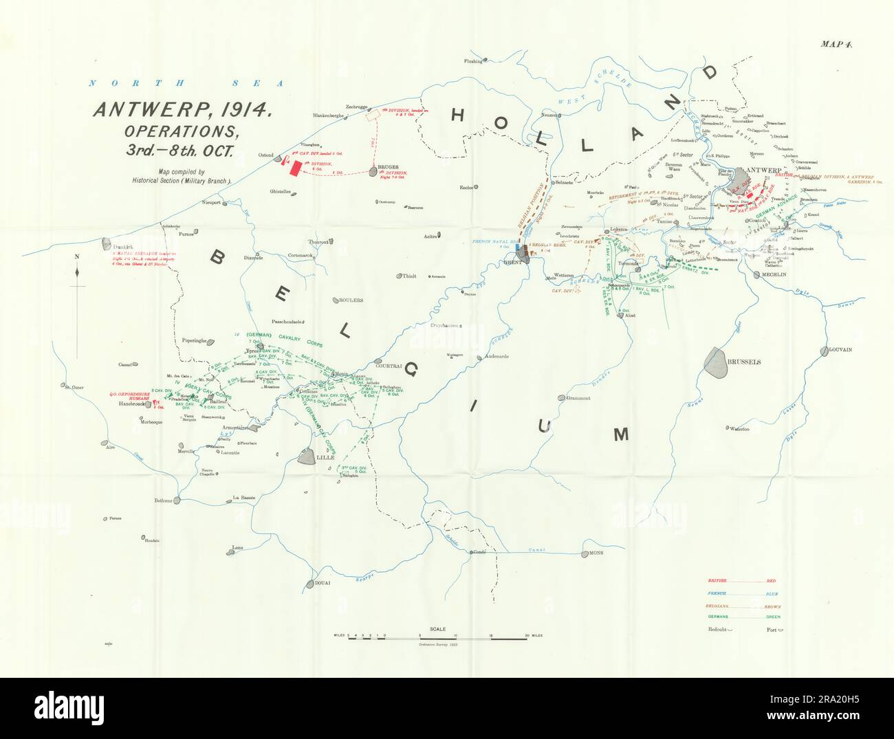 Schlacht von Antwerpen, 1914. Betrieb, 3. Okt. bis 8. Okt. Erster Weltkrieg. 1933-Karte Stockfoto