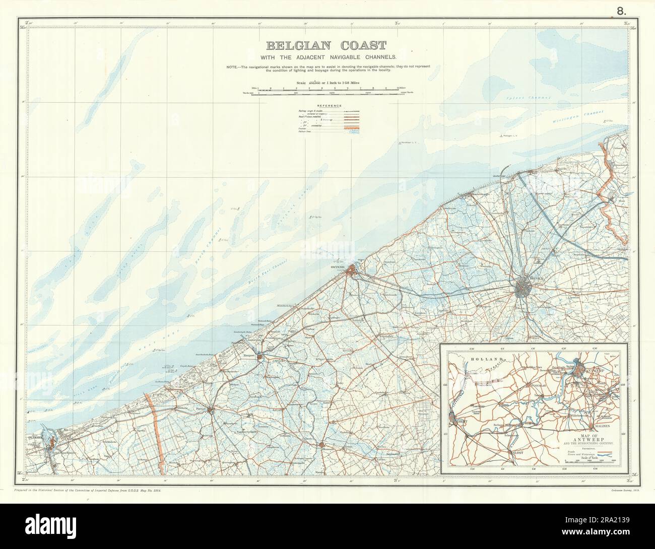 Belgische Küste mit angrenzenden schiffbaren Kanälen 1914. Erster Weltkrieg. 1920-Karte Stockfoto