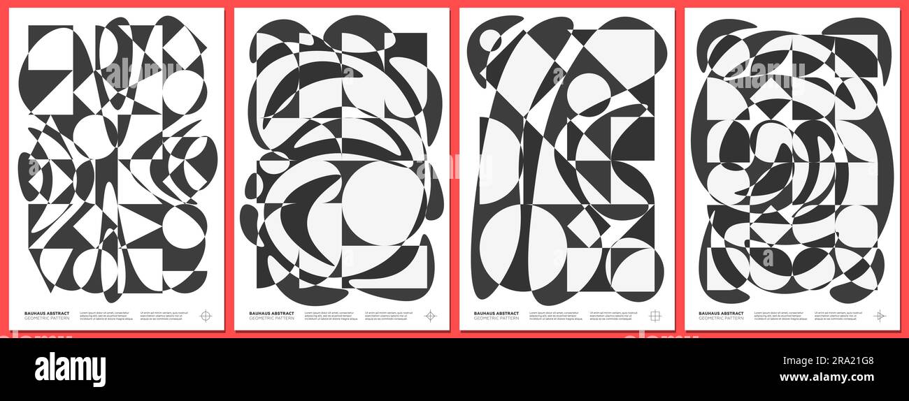 Abstrakte geometrische bauhaus-Kunstwerke. Einfache Formen im Brutalismus-Stil mit fließendem flüssigem Poster-Set. Memphis Modern Pattern Background Kollektion. Brutalismus Retro-trendige Grafikgemälde. Kunstdrucke Stock Vektor