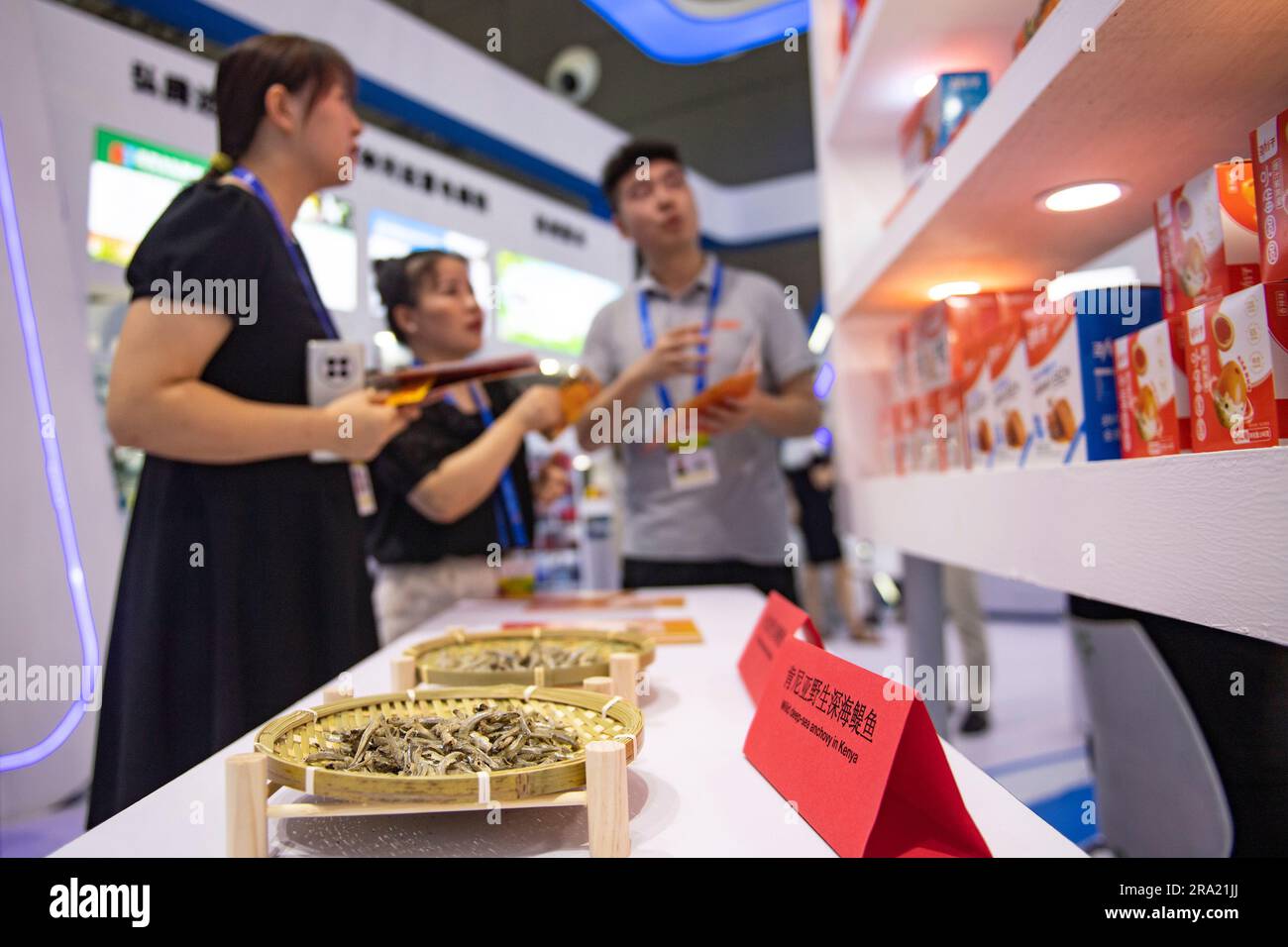 Changsha, Chinas Provinz Hunan. 29. Juni 2023. Ein Mitarbeiter stellt Besuchern auf der dritten China-Afrika-Wirtschafts- und Handelsmesse in Changsha, der zentralchinesischen Provinz Hunan, am 29. Juni 2023 Produkte von Sardellen vor. Kredit: Sun Ruibo/Xinhua/Alamy Live News Stockfoto