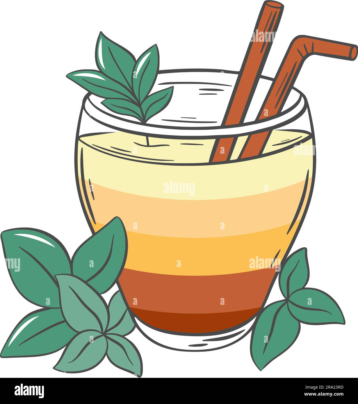 Mehrschichtiger Cocktail mit Stroh und Minzblättern. Erfrischendes Fruchtmischgetränk. Einfaches Glas mit Erfrischungsgetränk, Retro-isolierte Vektordarstellung Stock Vektor