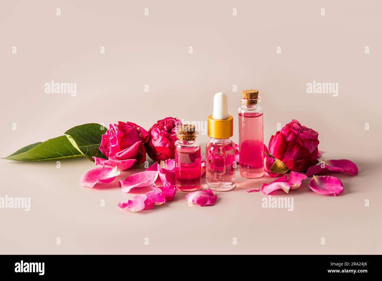 Ätherisches Öl in der Flasche mit Rosenblättern - ein lizenzfreies Stock  Foto von Photocase