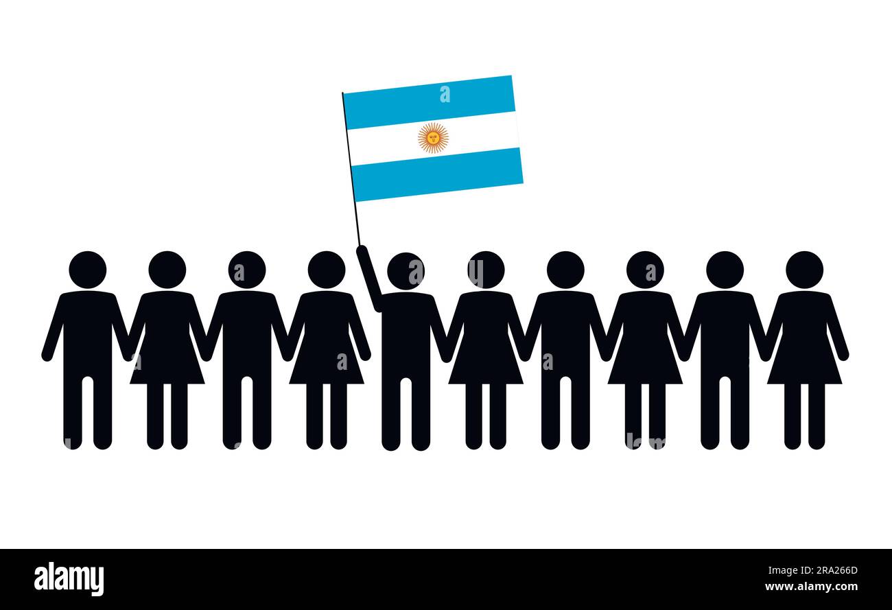 Skizze einer Menge und eines Anführers mit der Flagge Argentiniens. Protestkonzept. Stock Vektor