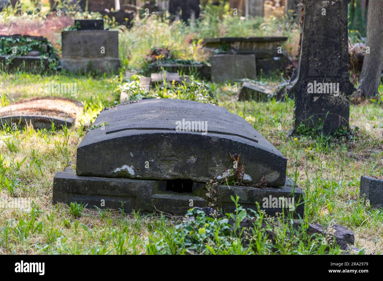 Ein Grabstein mit einer Luftschachtöffnung liegt im barocken Camposanto des Elias-Friedhofs in Dresden, Sachsen, Deutschland – ein Bestand an Grabsteinen, der zwei Jahrhunderte umspannt. Als Pestfriedhof angelegt im Jahr 1680, wurde der Elias-Friedhof unter den Baumeistern George Bähr, Architekt der Dresdner Frauenkirche, und Johann Gottfried Fehre, der 41 gewölbte Grufthäuser mit gewölbten Fassaden entlang der West- und Nordmauern hinzufügte, im Jahr 1724 erheblich erweitert und ummauert – eine architektonische Innovation für Dresden zu dieser Zeit. Die letzte Beerdigung fand am 21. Juni 1876 statt, und der Friedhof ist seitdem geschlossen Stockfoto
