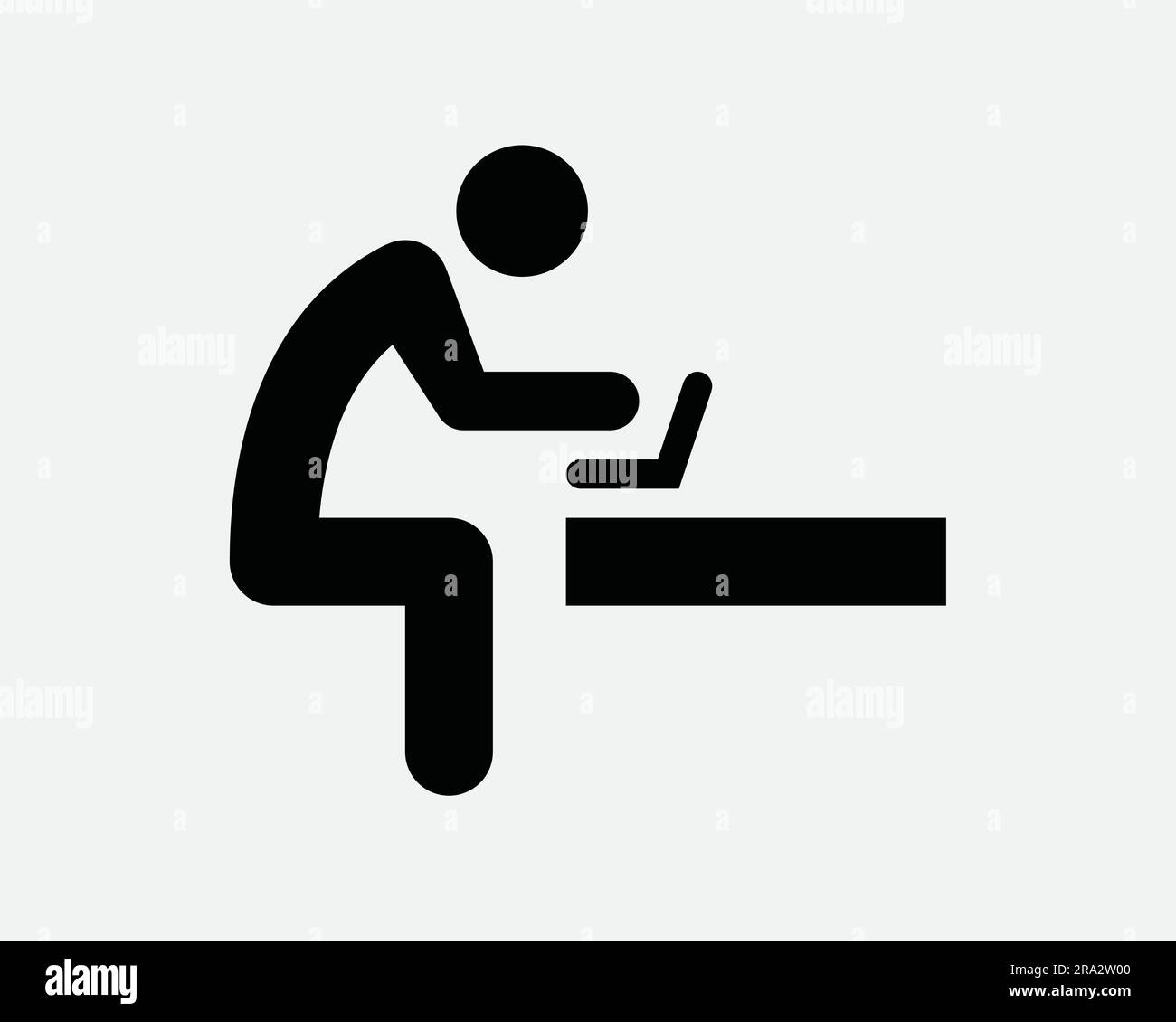 Mann mit Laptop Icon Person Stick Figur Arbeit Computer Cafe sitzen sitzender Arbeiter Schwarz Weiß Grafikteil Artwork Symbol Zeichen Vektor EPS Stock Vektor