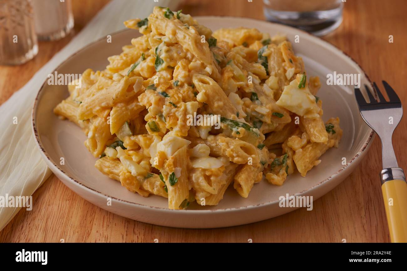 Teller mit Ei und Pasta mit Käse und Sauce. Stockfoto