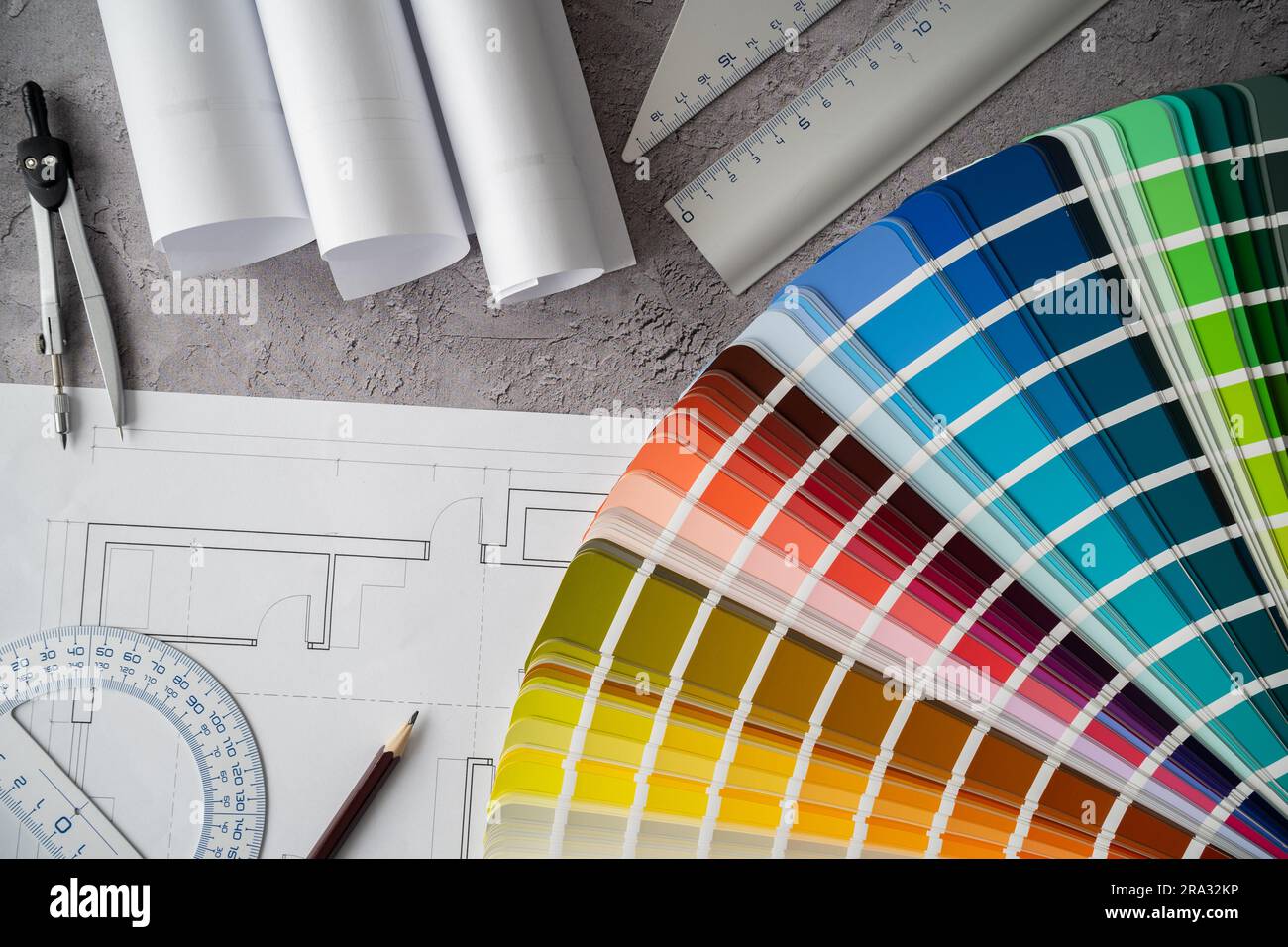 Grundrisse oder Bauplan Projekt, Farbschema Palette Guide Katalog mit Farbmustern. Architekt, Innendesign-Konzept. Stockfoto
