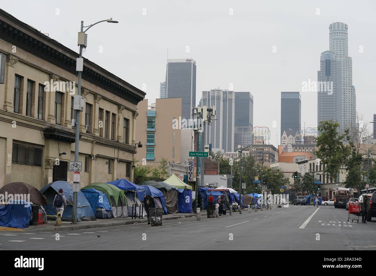 Downtown von Los Angeles, Blick von der Skid Row Gegend Stockfoto