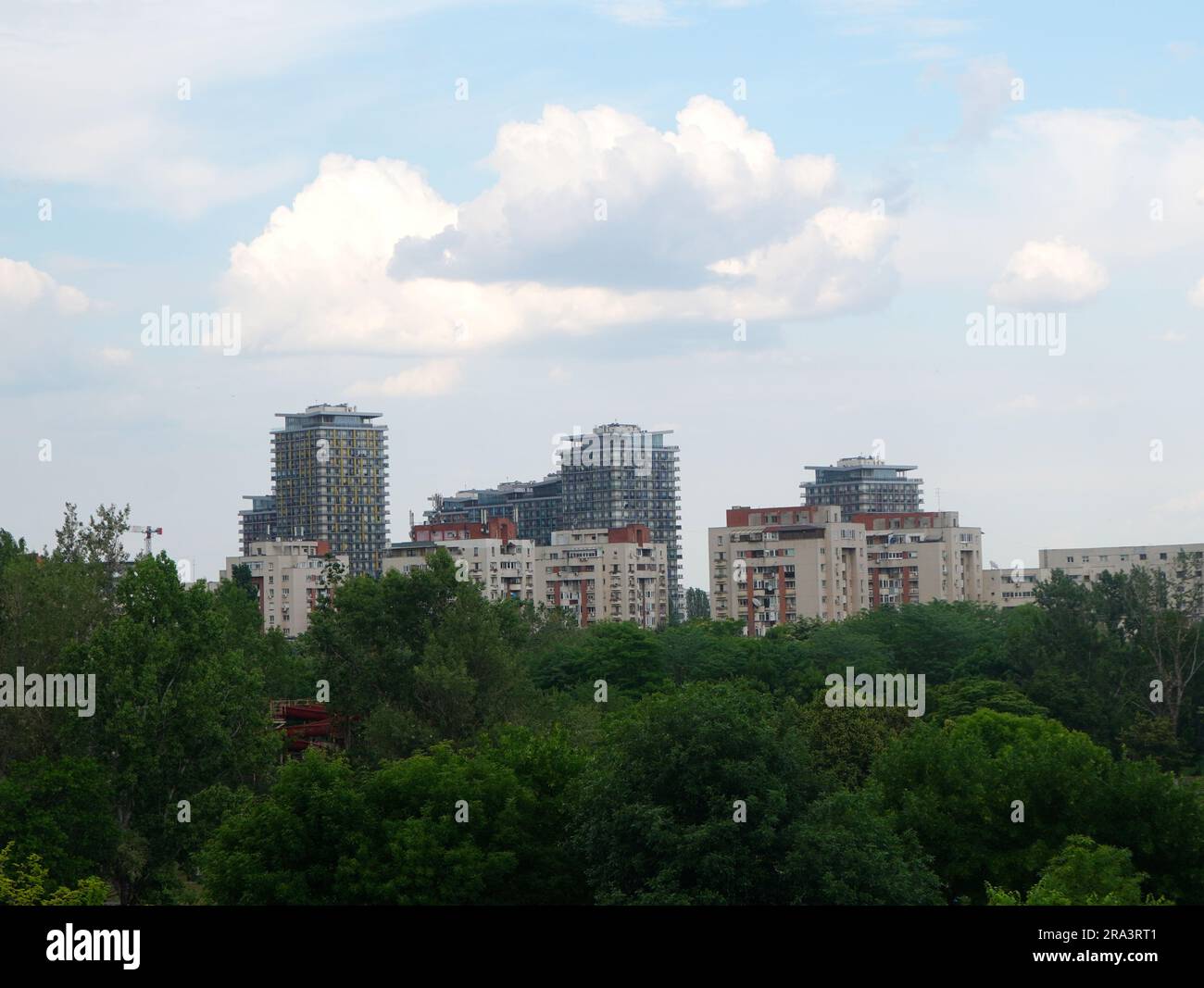Eine Gruppe von Apartmentblöcken am Himmel mit weißen Wolken, die über grüne Bäume in Bukarest zu sehen sind Stockfoto