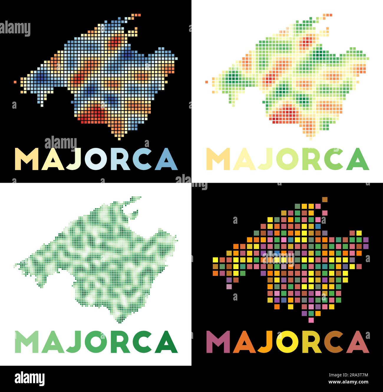 Mallorca Karte. Sammlung von Karten von Mallorca im gepunkteten Stil. Die Grenzen der Insel sind mit Rechtecken gefüllt. Vektorabbildung. Stock Vektor