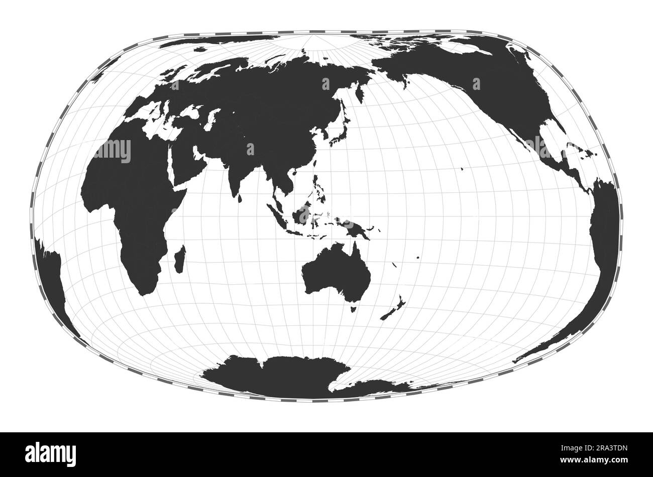 Vector-Weltkarte. Jacques Bertins Projektion 1953. Geografische Karte mit Breiten- und Längengraden. Zentriert auf 120deg W Längengrad. Ve Stock Vektor