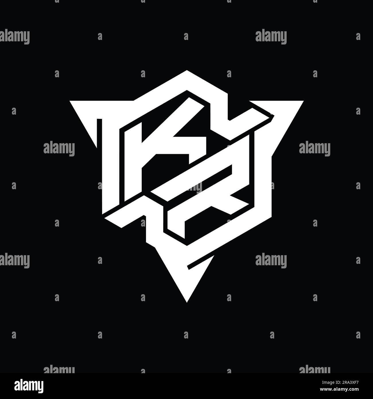 KR Letter Logo Monogramm sechseckig mit dreieckiger Kontur Design-Vorlage für Spiele Stockfoto