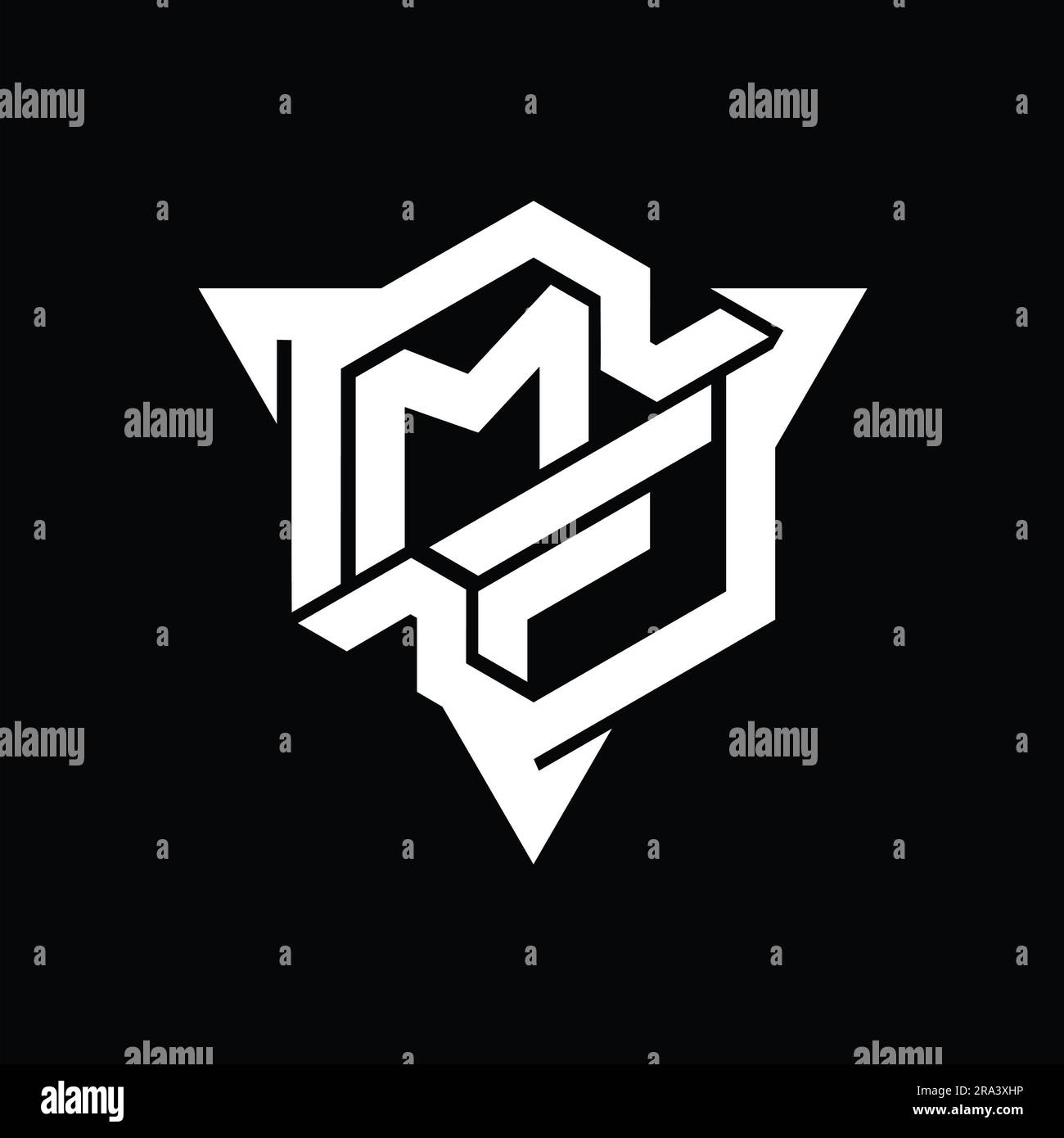 MF Letter Logo Monogramm sechseckig mit dreieckiger Kontur Design-Vorlage für Spiele Stockfoto