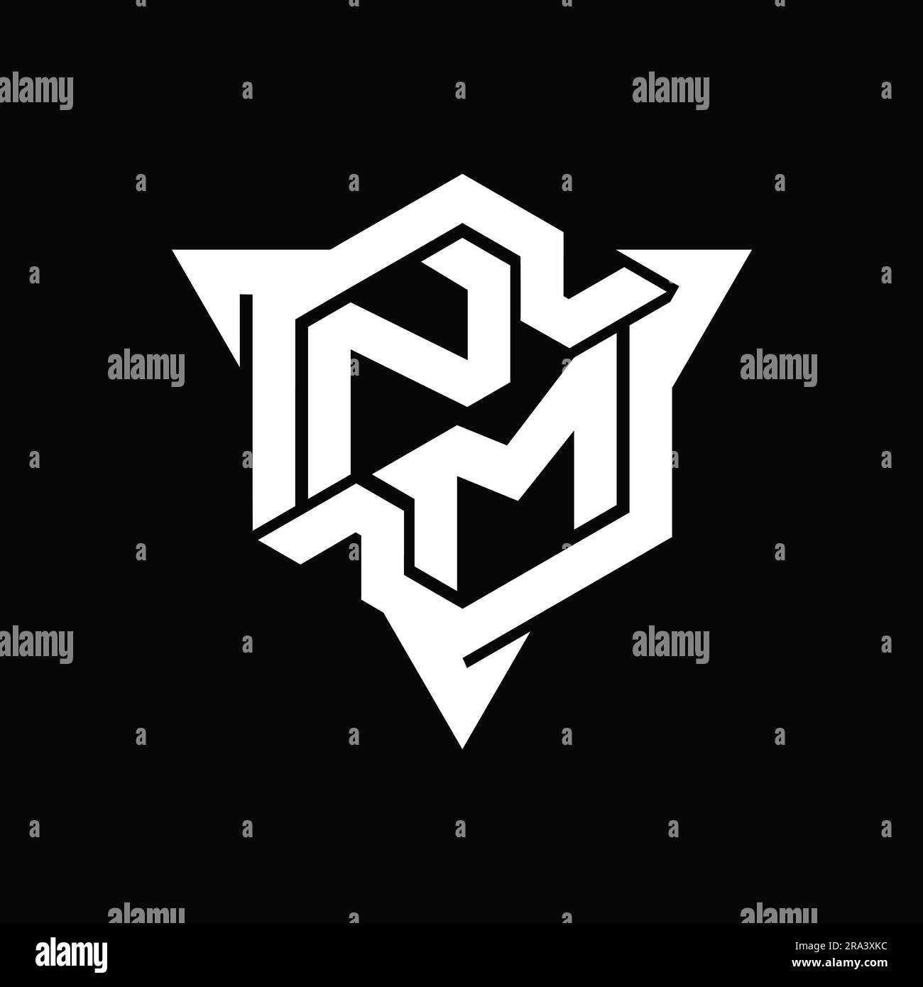 NM Letter Logo Monogramm sechseckig mit dreieckigem Umriss im Gaming-Stil Stockfoto