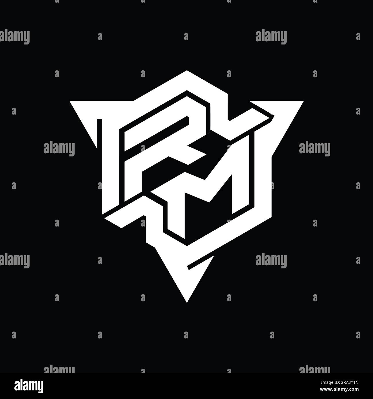 RM Letter Logo Monogramm sechseckig mit dreieckiger Kontur Design-Vorlage für Spiele Stockfoto