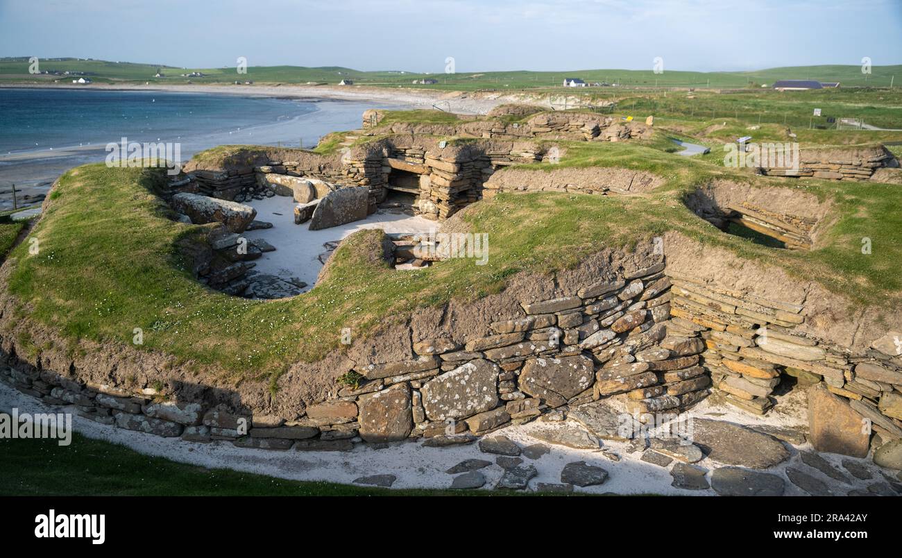 Skara Brae, ein prähistorisches Dorf auf den Orkney Isles, das 1850 entdeckt wurde und heute zum Weltkulturerbe gehört. Schottland, Großbritannien Stockfoto