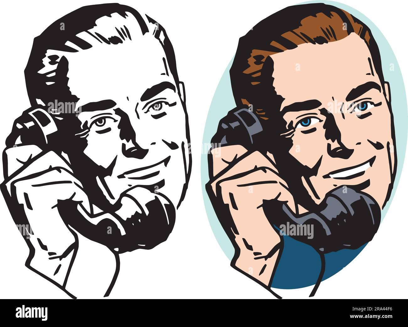 Ein Retro-Cartoon von einem Mann, der in ein antikes Telefon spricht. Stock Vektor