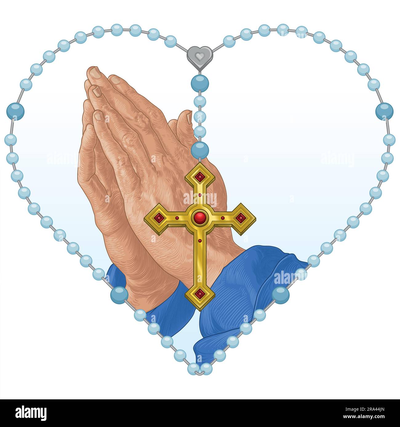 Vektordesign der Gebetshänder mit herzförmigem Rosenkranz, Rosenkranz mit christlichem Kreuz, Symbol der katholischen Religion Stock Vektor