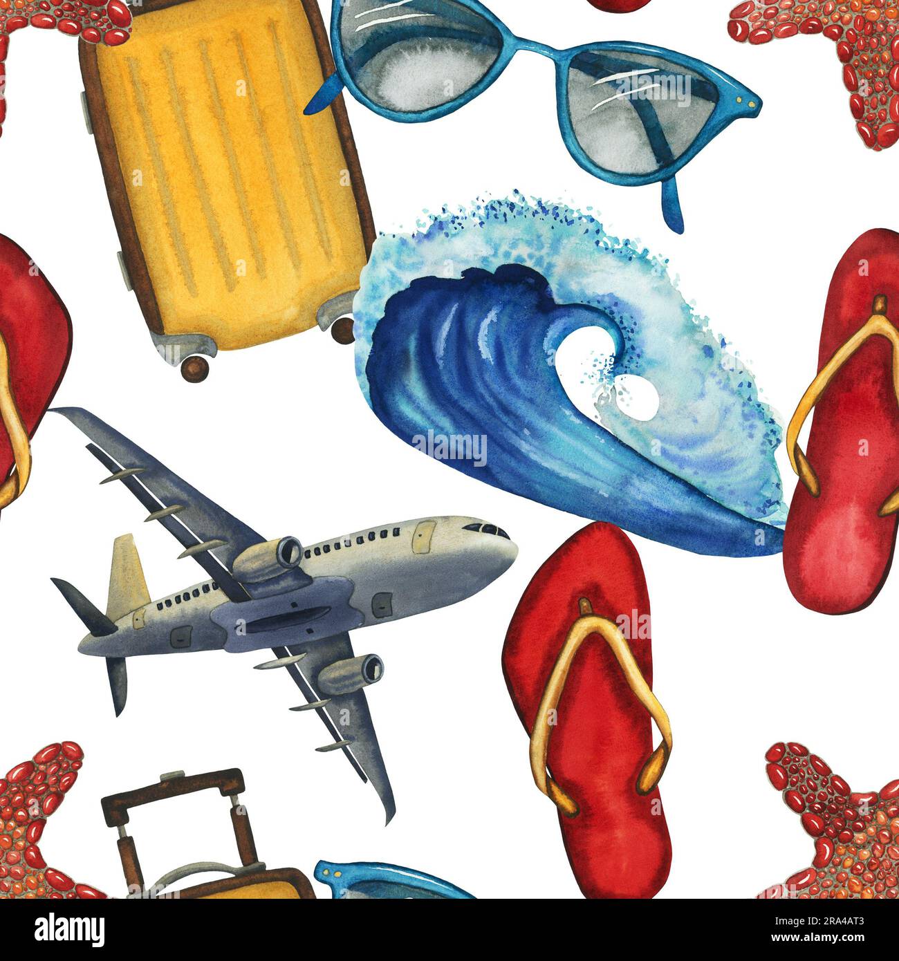 Reise Aquarell nahtlose Muster mit Flugzeug, Koffer, Flip-Flops, Sonnenbrille, Welle, Seesternhandzeichnung isoliert auf Weiß. Für Druck, Verpackung Stockfoto