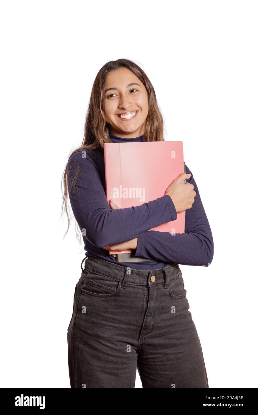 Porträt einer lächelnden Schülerin mit Büchern und Rucksack isoliert auf weißem Hintergrund. Stockfoto