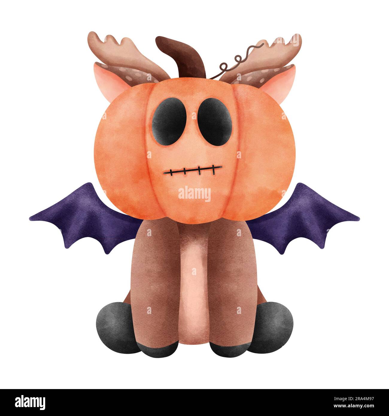 Halloween-Rentier mit Kürbis auf dem Kopf und lila Fledermausflügeln. Bezaubernde Aquarellzeichnung. Stockfoto