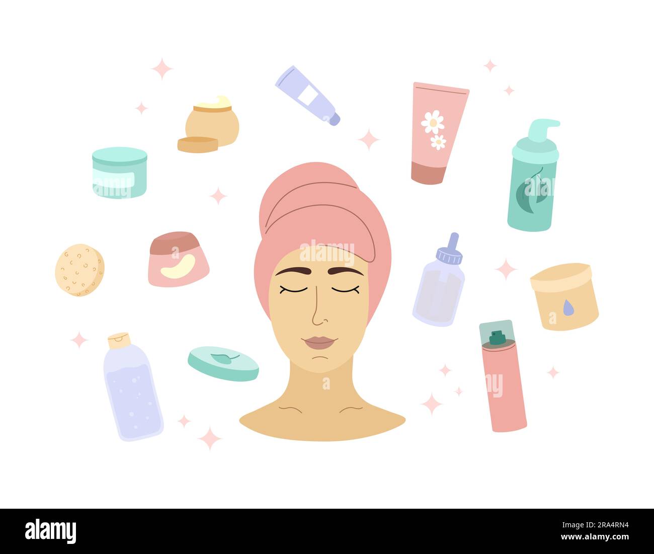 Natürliche Hautpflegeprodukte und junge Frau kein Make-up. Selbstpflegekonzept. Tägliche Hautpflegeroutine. Organische Kosmetiklotion, Feuchtigkeitscreme, Serum Stock Vektor