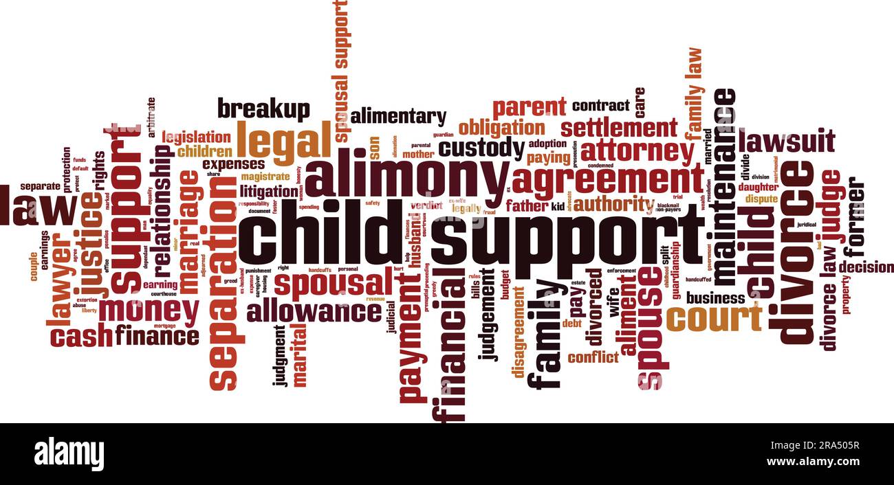 Das Wort-Cloud-Konzept zur Unterhaltszahlung von Kindern. Collage aus Worten über Unterhalt. Vektordarstellung Stock Vektor