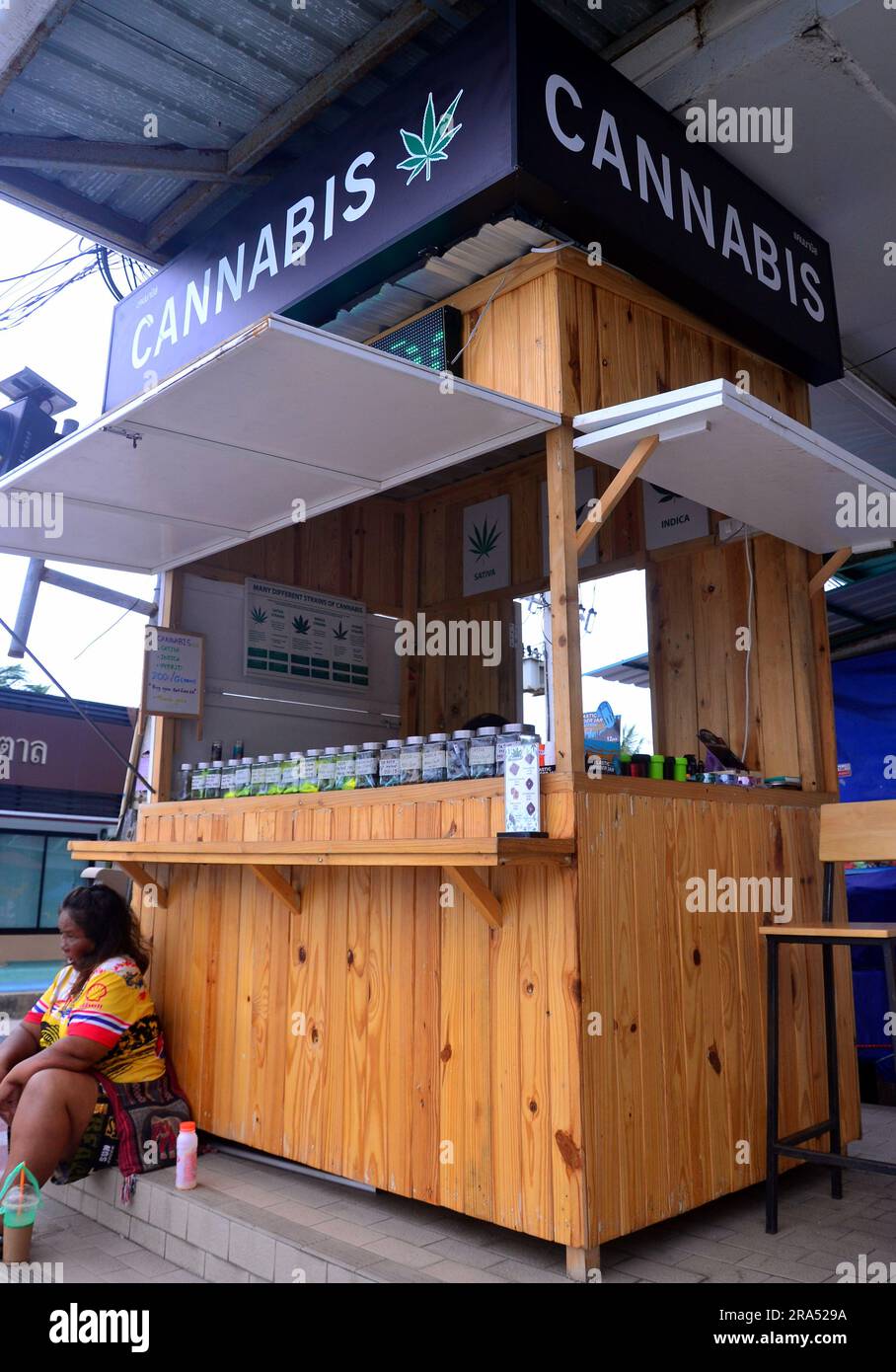 Eine Hütte, die Cannabis in Jomtien, Pattaya, Thailand verkauft. 2022 listete Thailand Cannabis als Betäubungsmittel aus; viele Geschäfte sind aufgebrochen, um es zu verkaufen. Im Januar 2023 veröffentlichte das Gesundheitsministerium einen Leitfaden: „10 Dinge, die Touristen über Cannabis in Thailand wissen müssen“. Thailand hofft, durch diese Initiative die medizinische Verwendung von Marihuana zu fördern und wirtschaftliche Chancen für die lokalen people.in Jomtien, Pattaya, Thailand, Stockfoto