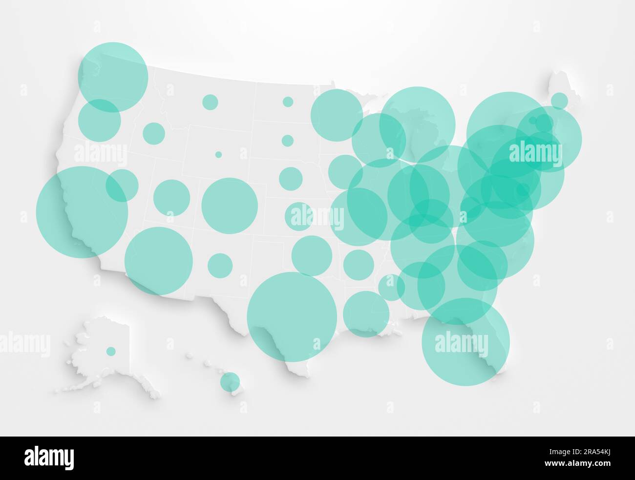 Karte der Vereinigten Staaten von Amerika (USA, Amerika) mit türkisfarbenen transparenten Kreisen, die die Bevölkerung in jedem Staat repräsentieren. Stockfoto
