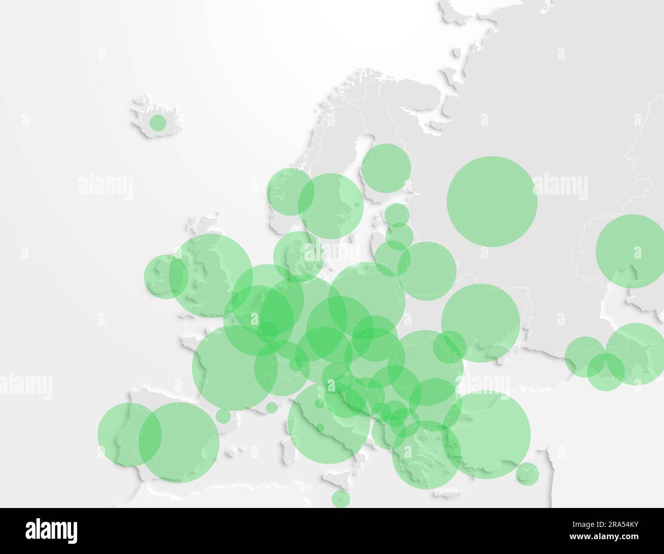 Karte des europäischen Kontinents mit grünen Kreisen, die die Bevölkerung in jedem Land repräsentieren. Abbildung der Bevölkerung in den europäischen Ländern. Stockfoto
