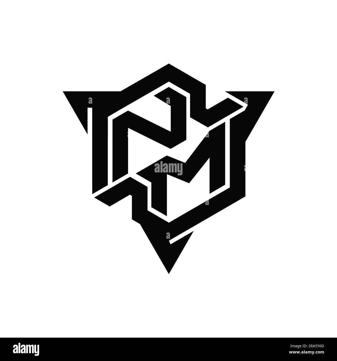 NM Letter Logo Monogramm sechseckig mit dreieckigem Umriss im Gaming-Stil Stockfoto