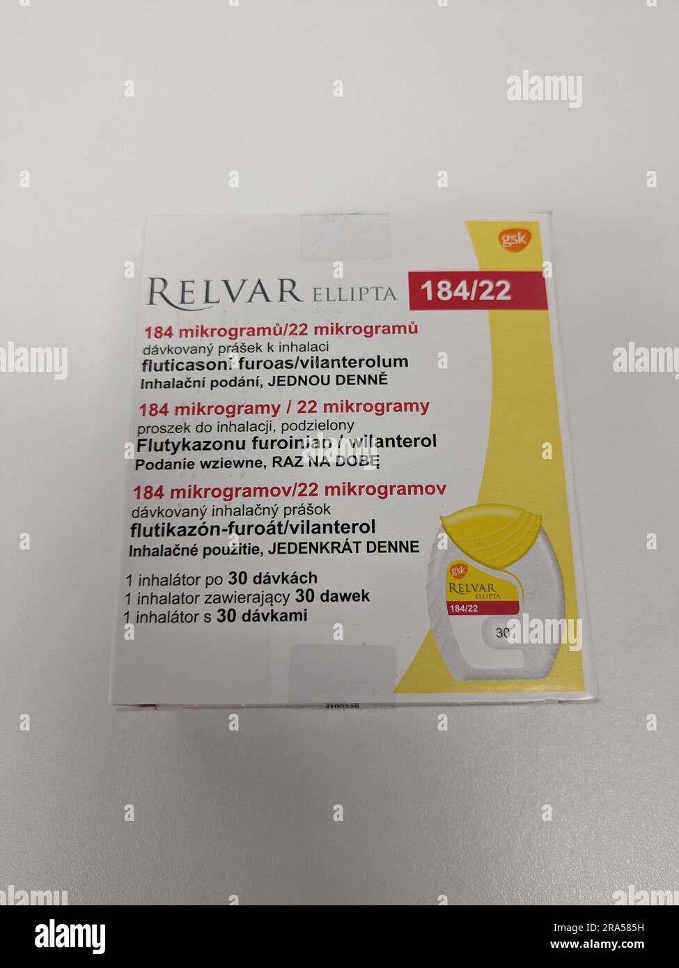 Prag,Tschechische republik-Mai 22 2023:GSK Relvar Elipta Trockenpulver zur Inhalation am 26. Dezember 2018 in Manila, Philippinen. GSK (Glaxo Smith Kline) BH Stockfoto