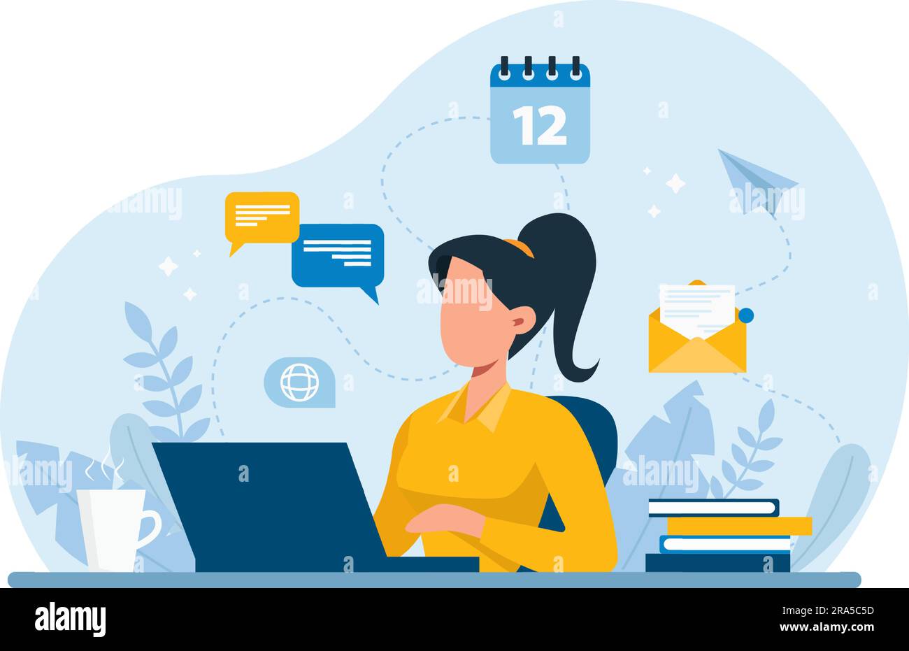 Vektor einer Frau, die online arbeitet. Konzept der Fernarbeit und Geschäftskommunikation Stock Vektor