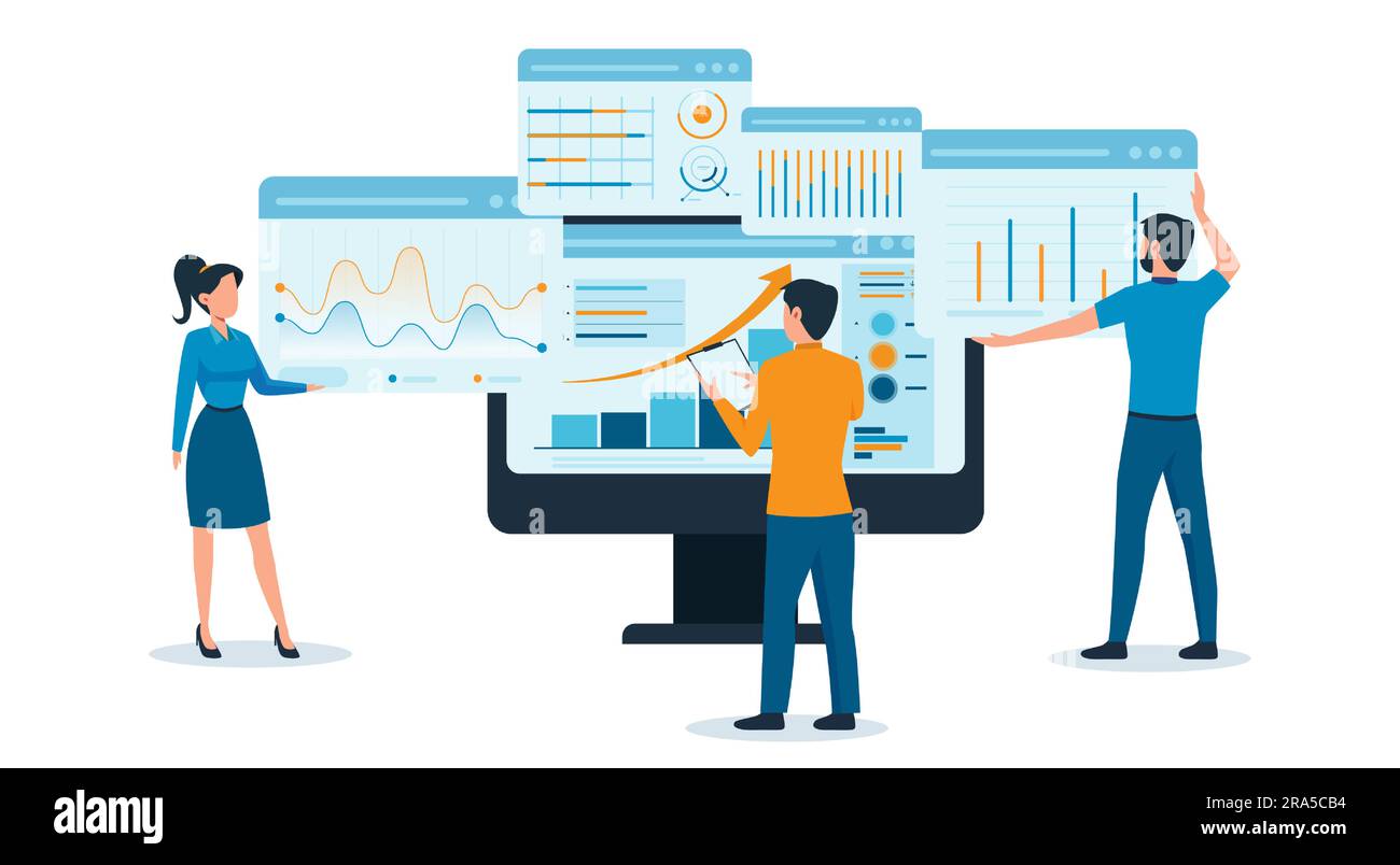 Vektor eines Business-Teams, das Finanzberichte im Web überwacht Stock Vektor