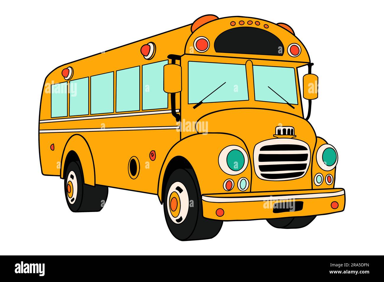 Gelber Schulbus-Cartoon im Doodle Retro-Stil. Zurück zur Schule, Dreiviertelblick. Klassisches amerikanisches Auto für den Schultransport von Kindern Stock Vektor