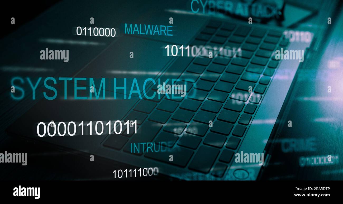 Futuristisches Banner mit System-Hacker-Alarm. Kompromittiertes Informationskonzept. Internetvirus Cybersicherheit und Cyberkriminalität. Stockfoto