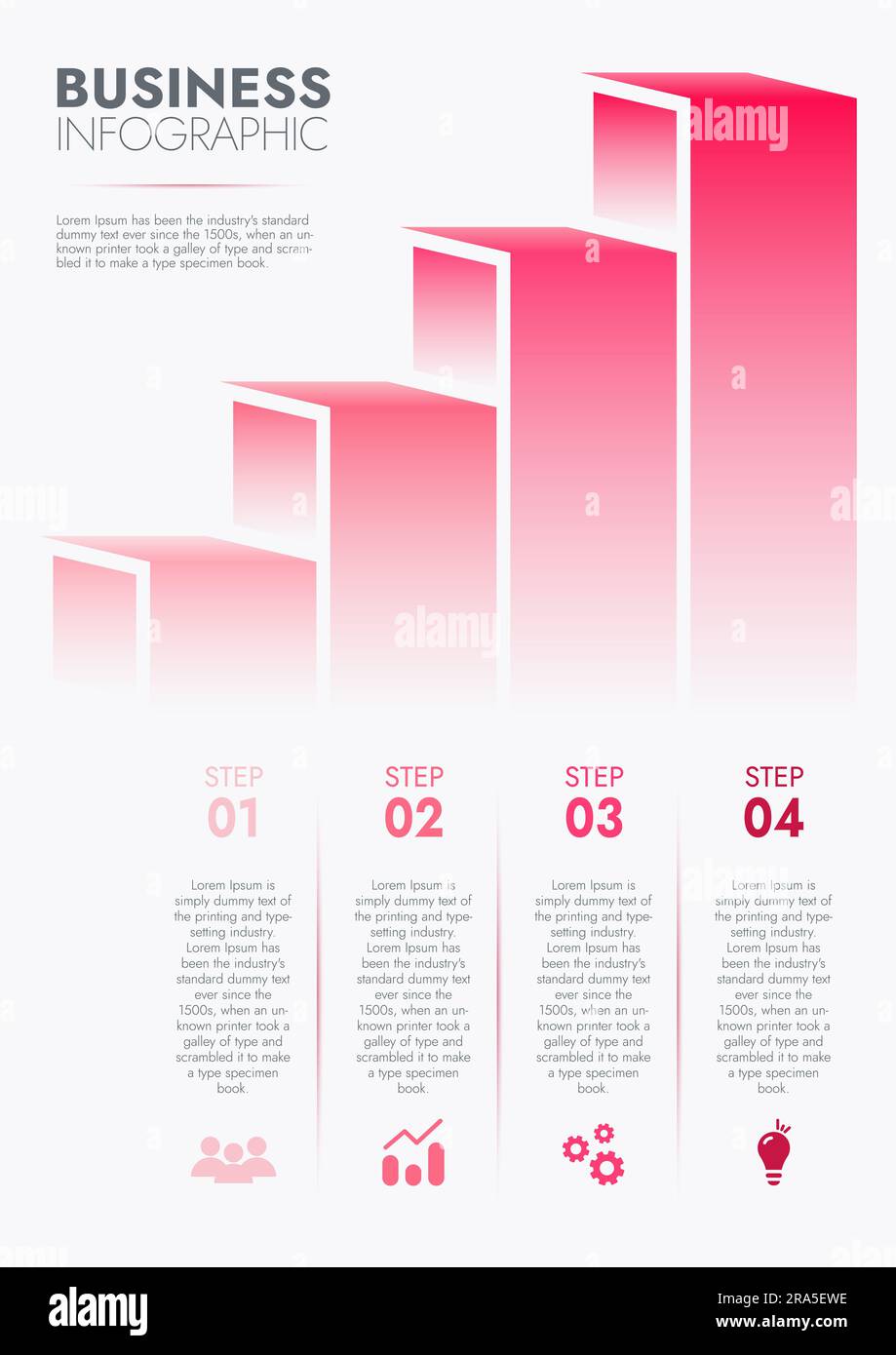 Infografik-Vorlage für Präsentationen und Funktionen Datenvisualisierung umfasst ein Prozessdiagramm mit Diagrammen, Schritten und Optionen. Das Konzept für Marketi Stockfoto