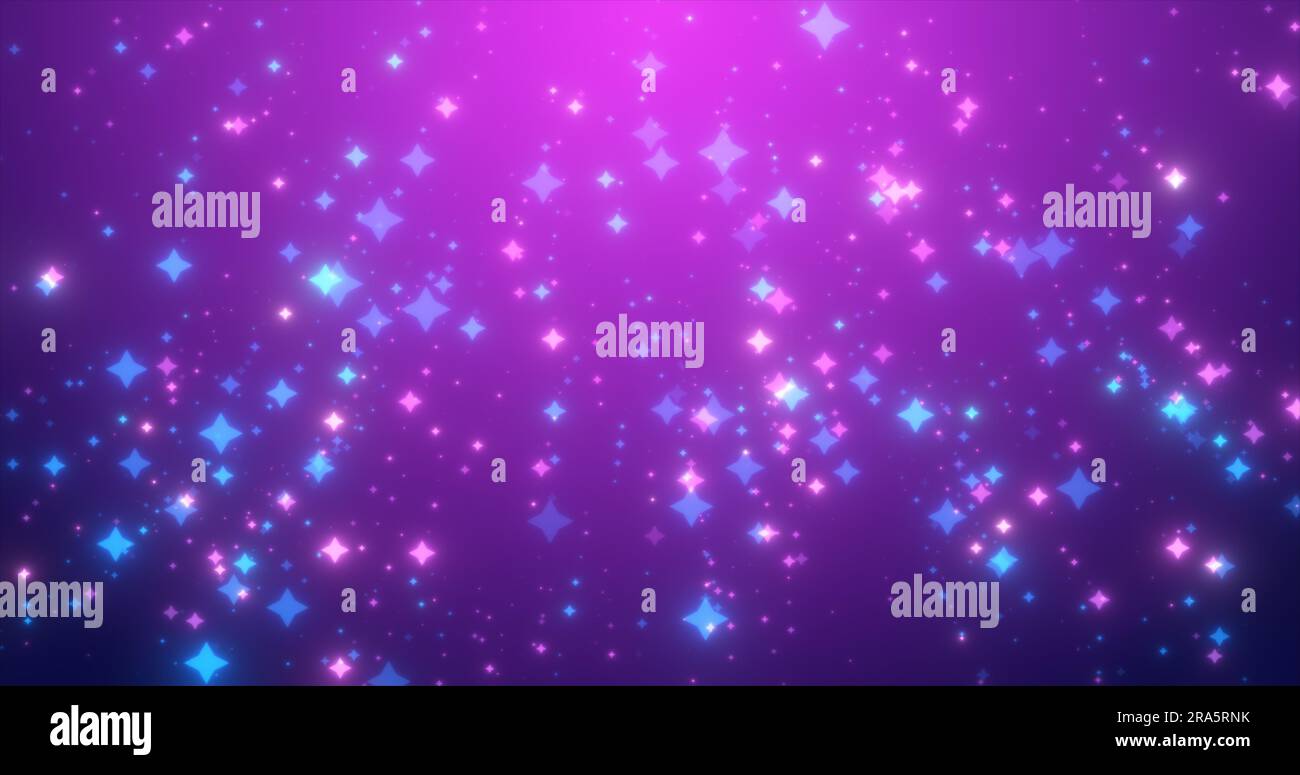 Abstraktes Blau und Lila leuchtende Sterne glamourös festlich glitzernde Energie magische Partikel, abstrakter Hintergrund. Stockfoto
