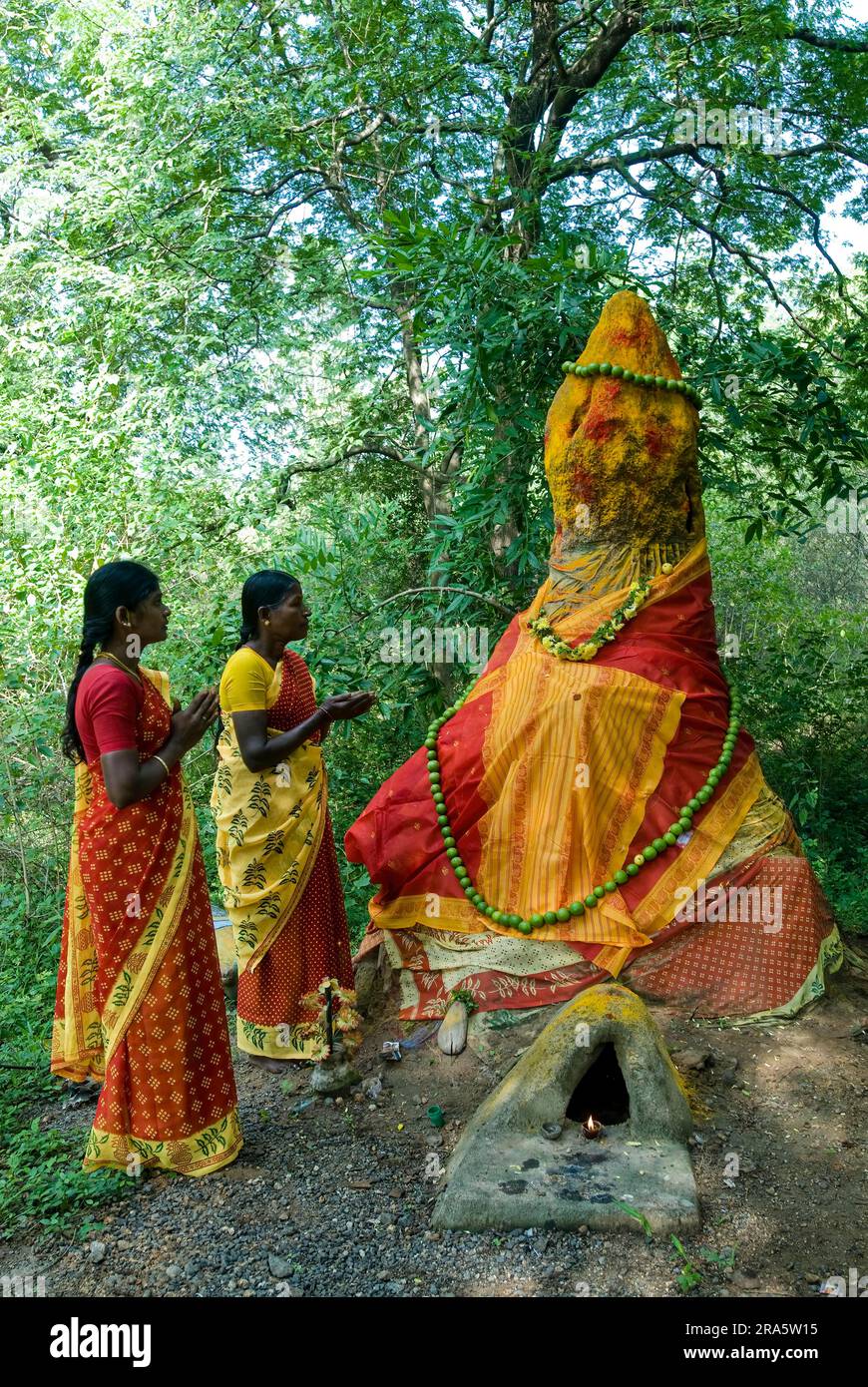 Frauen, die den weißen Ameisenhügel Putru in der Nähe von Adoor, Tamil Nadu, Südindien, Indien, Asien anbeten. Die Schlangenverehrung steht in direktem Zusammenhang mit der Verehrung von Stockfoto