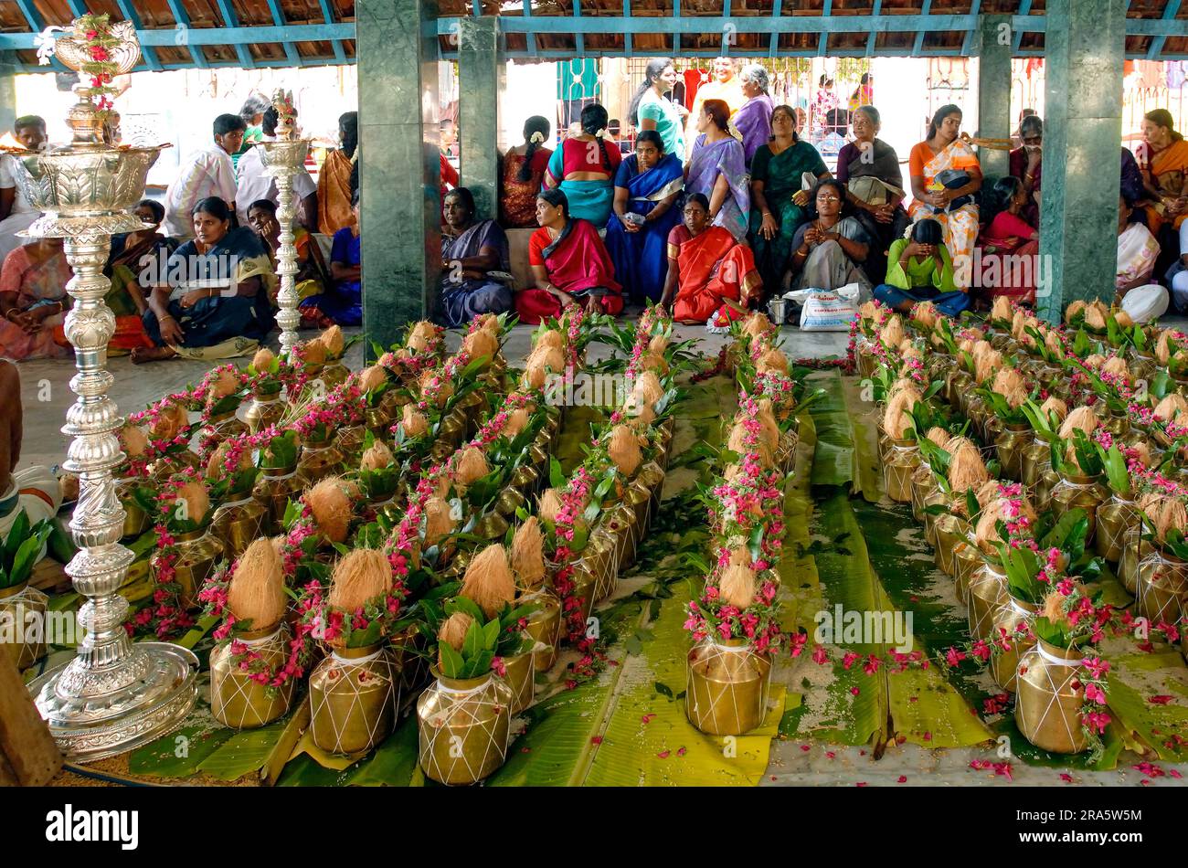 Pooja Puja für dekorierte Messingtöpfe während des Vinayak Chaturthi Ganesh Chaturthi Festivals im Sri Karpaga Vinayakar Tempel in Pillaiyarpatti Stockfoto