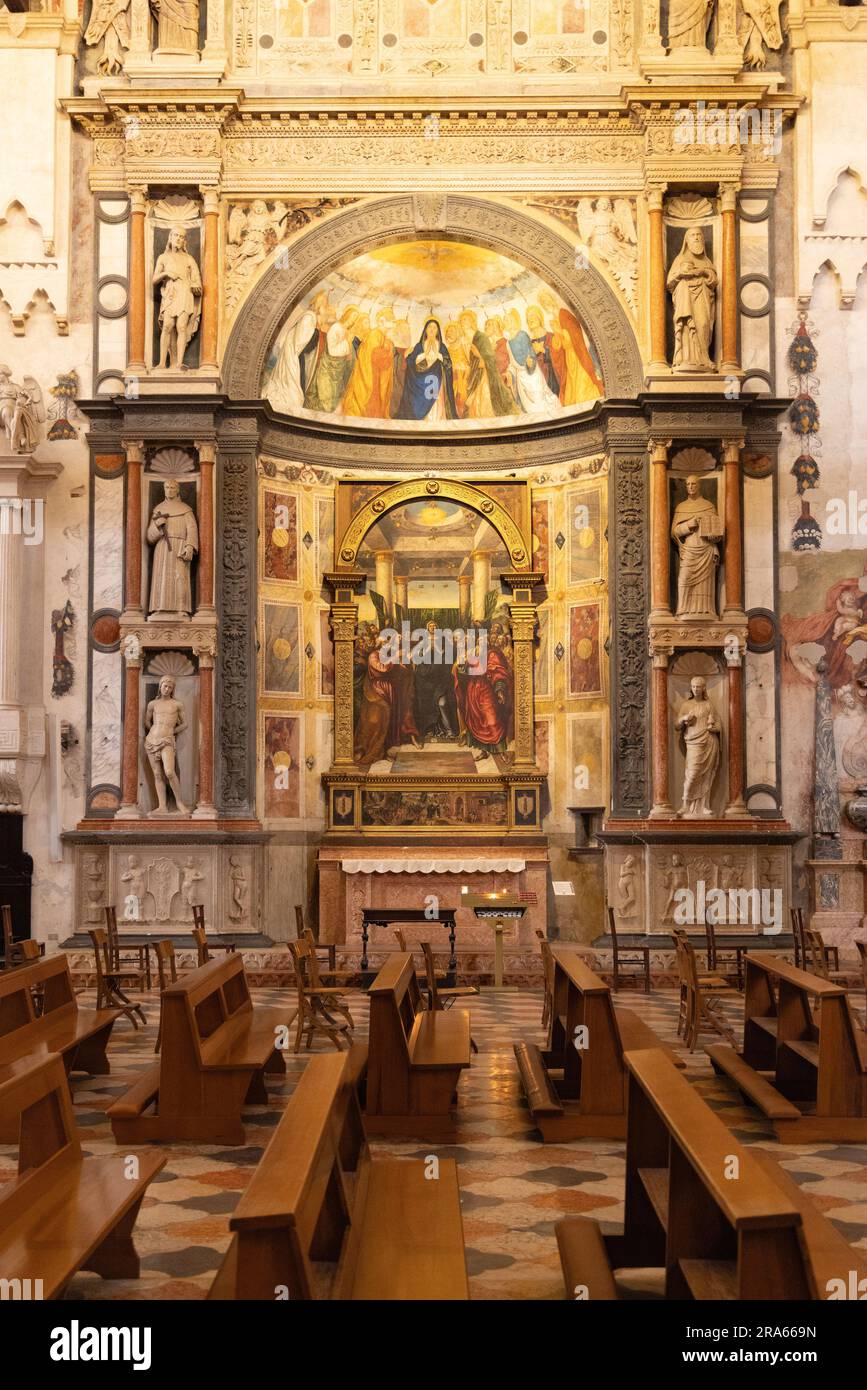 Miniscalchi-Altar, Basilika St. Anastasia Interior, Verona Italien. Altar gewidmet dem Heiligen Geist, Gemälde von Nicolo Giolfino, 15. Jahrhundert Stockfoto