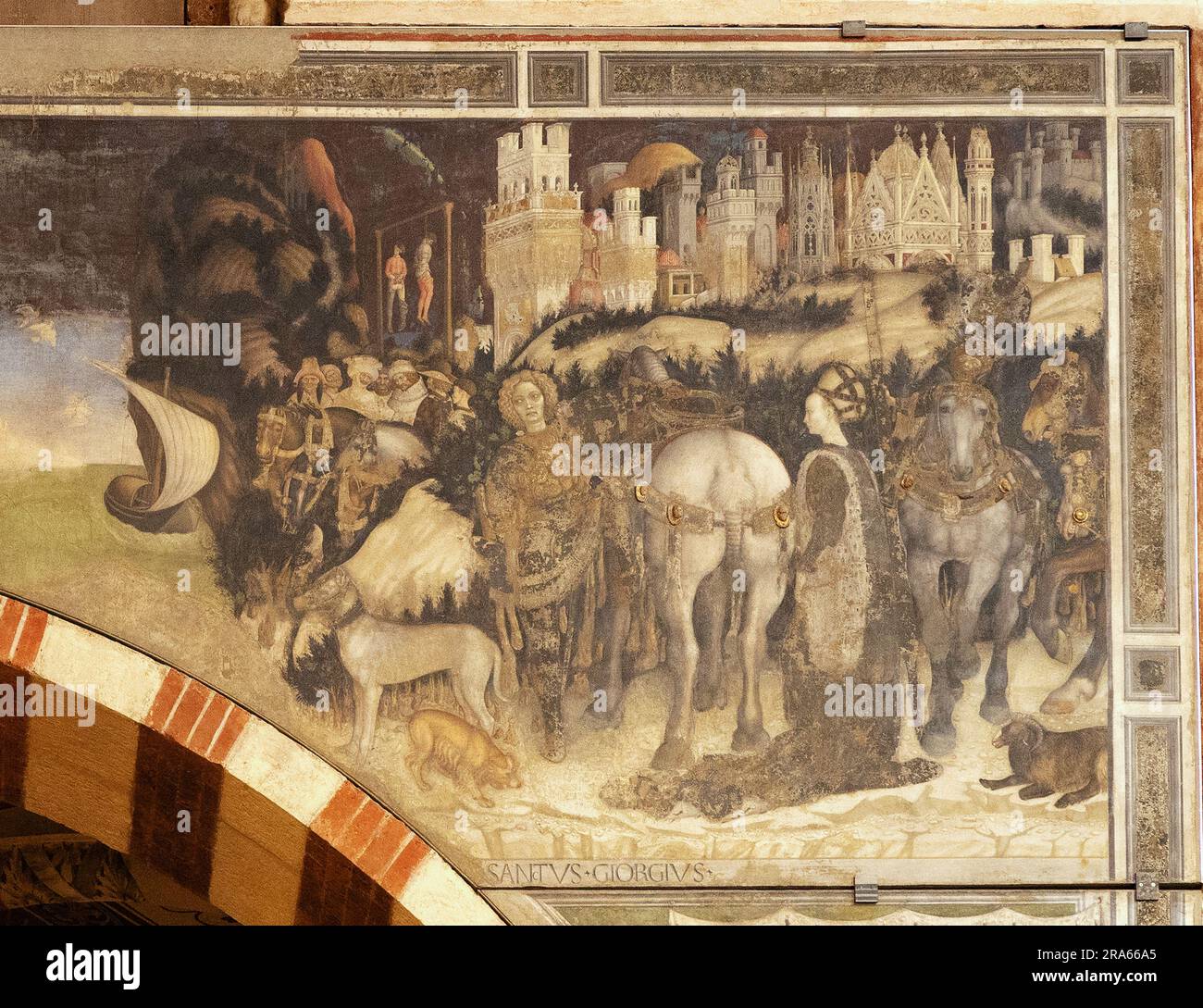 Details von der rechten Seite der Pisanello-Gemälde von St. George und der Prinzessin, 1433-1438; Pellegrini-Kapelle, Basilika der Heiligen Anastasia Verona Italien. Stockfoto