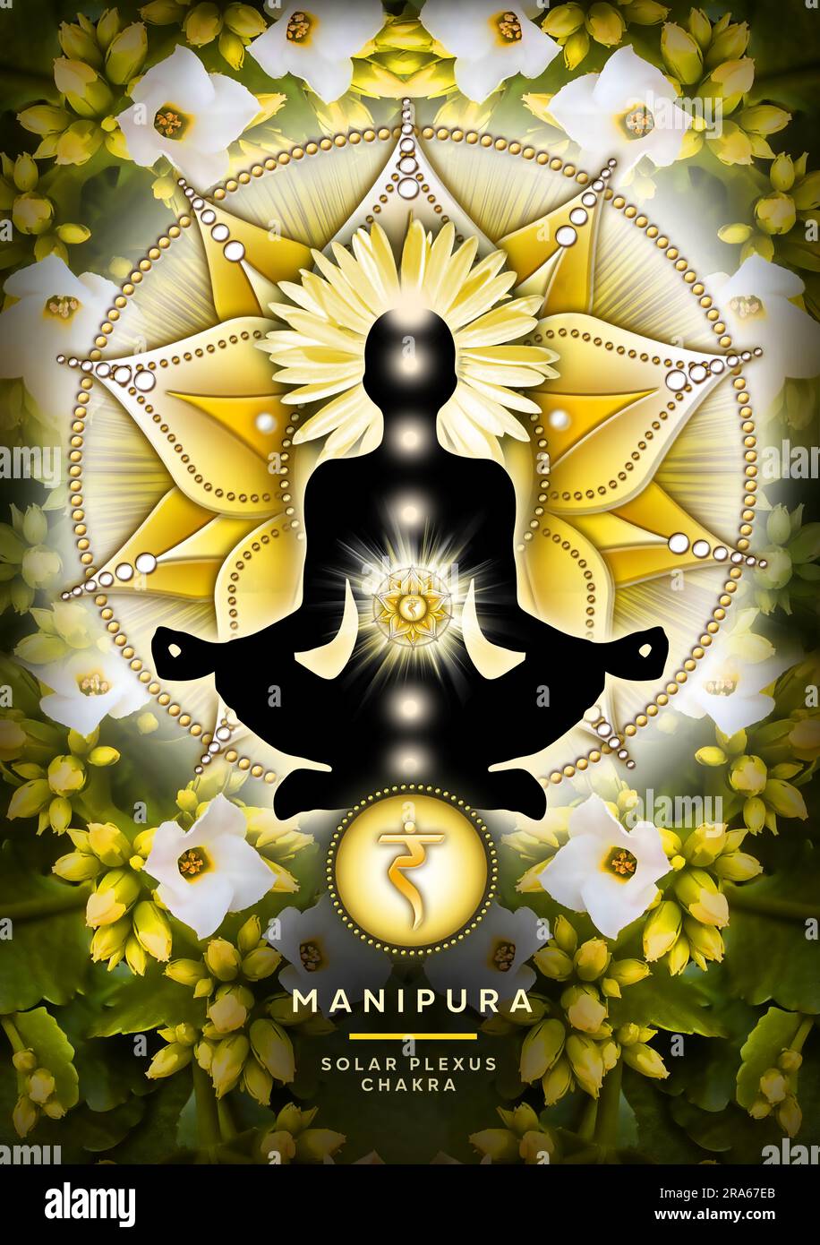Solarplexus Chakra Meditation in Yoga Lotus Pose, vor Manipura Chakra Symbol und wunderschönen Frühlingsblumen. Stockfoto