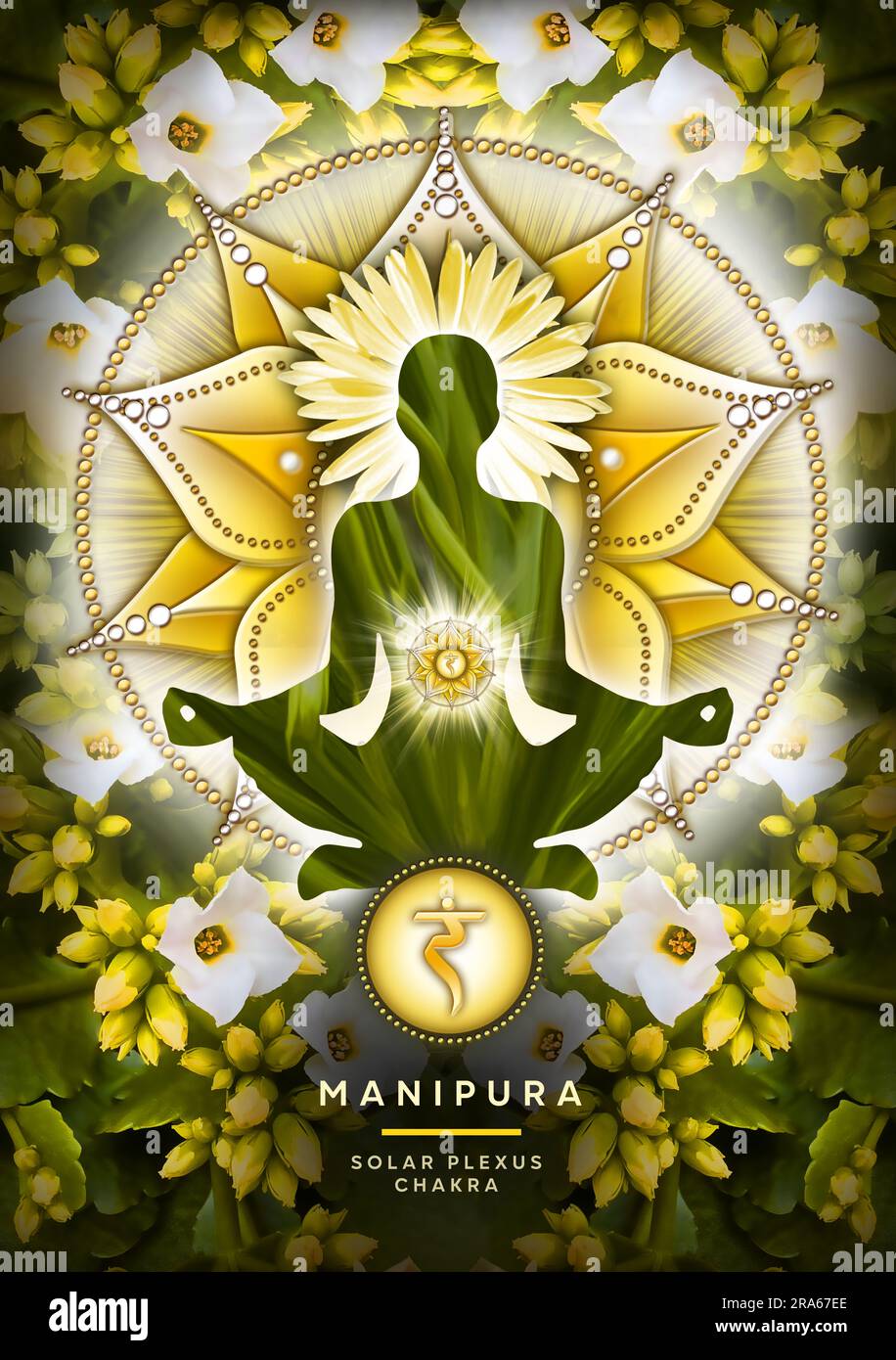 Solarplexus Chakra Meditation in Yoga Lotus Pose, vor Manipura Chakra Symbol und wunderschönen Frühlingsblumen. Stockfoto