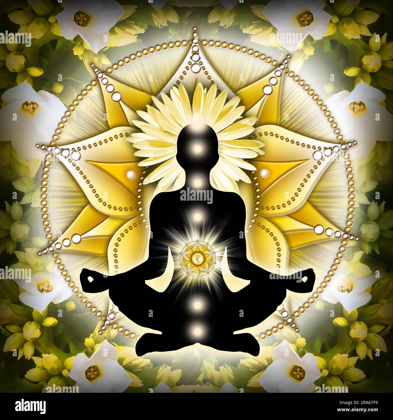 Solarplexus Chakra Meditation in Yoga Lotus Pose, vor Manipura Chakra Symbol und wunderschönen Frühlingsblumen. Stockfoto