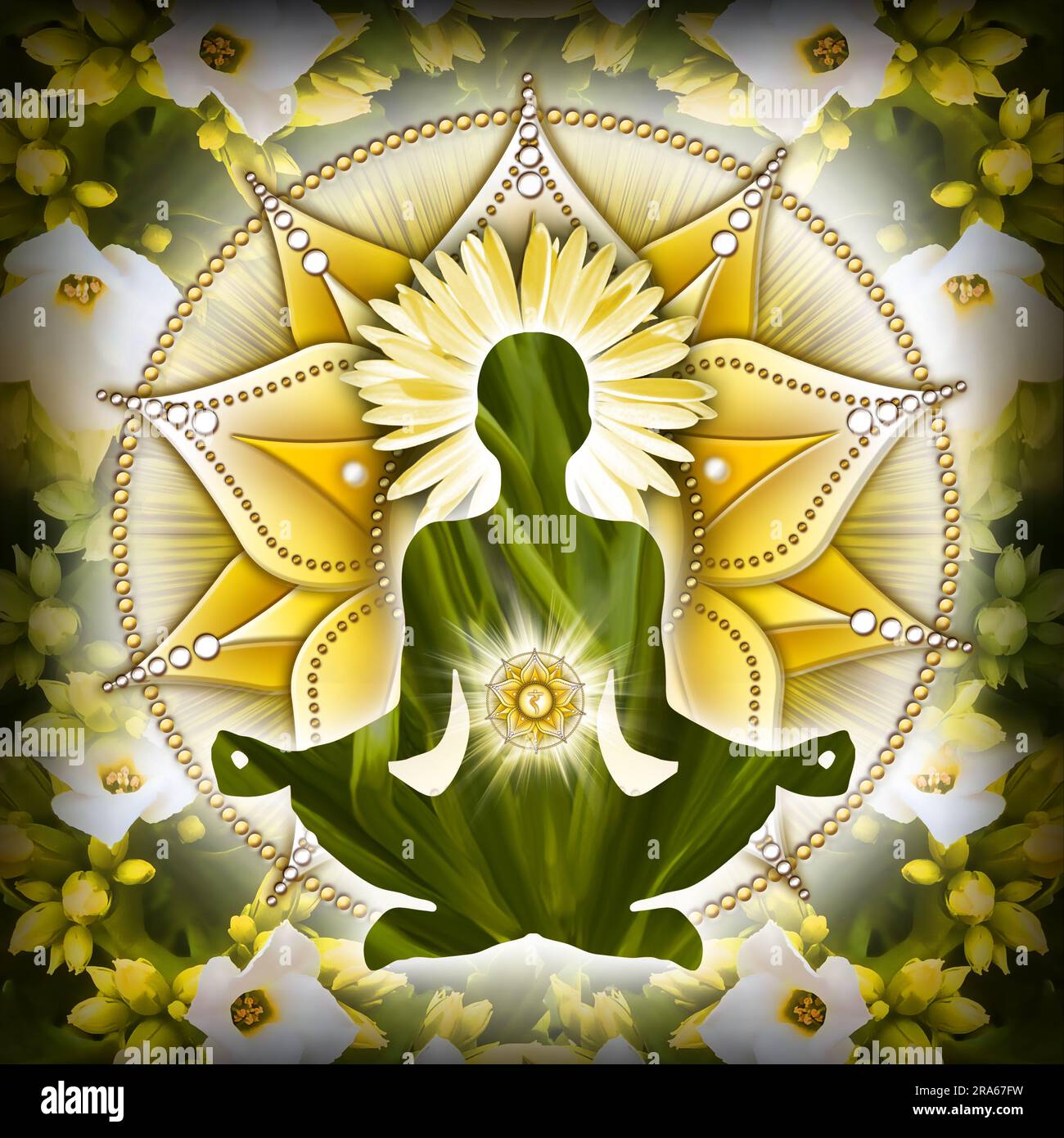 Solarplexus Chakra Meditation in Yoga Lotus Pose, vor Manipura Chakra Symbol und wunderschönen Frühlingsblumen. Stockfoto